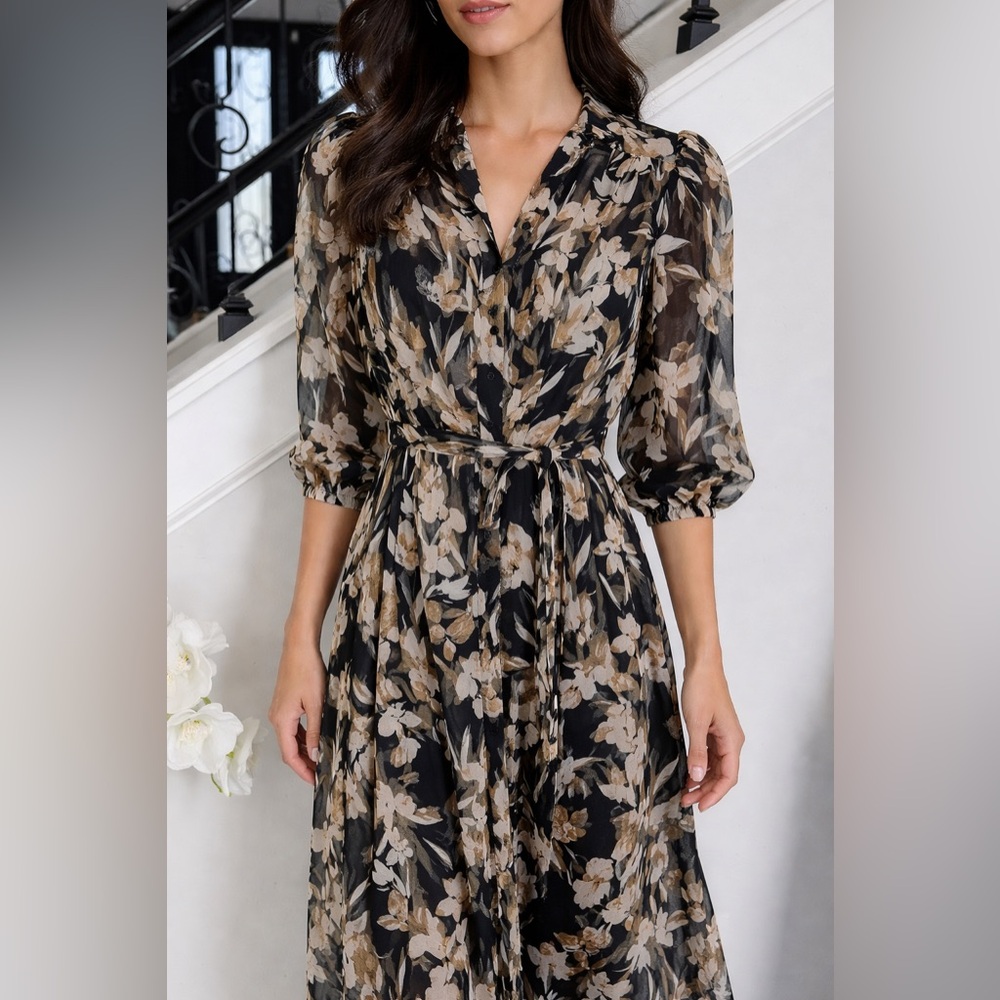 DKNY Black and Gold Floral Long Sleeve Dress